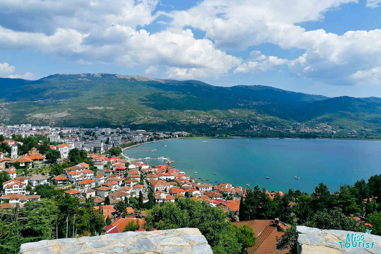 aerial view of a city by a lake from a fortress