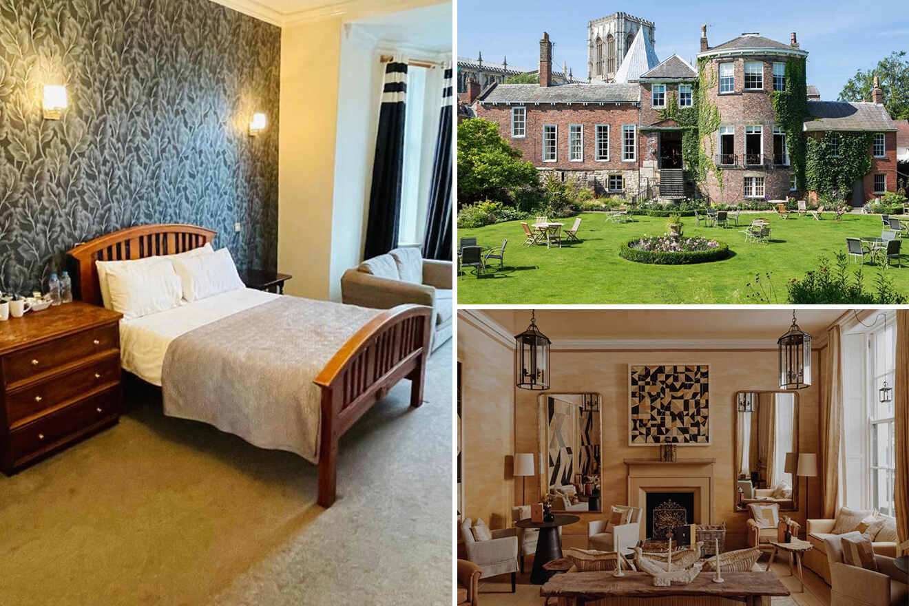 A composite image showing a bedroom with a double bed, a historic building with a garden, and a luxurious living room with modern furniture.