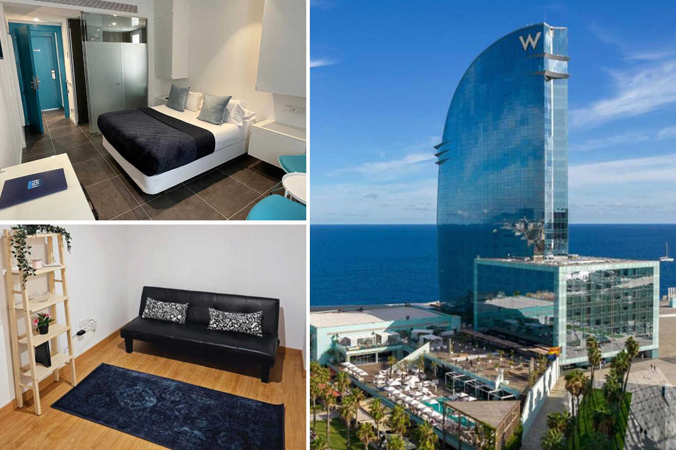 A collage shows a modern hotel room with a bed, a living area with a black sofa and rug, and an exterior view of a tall, glass-fronted oceanfront hotel.