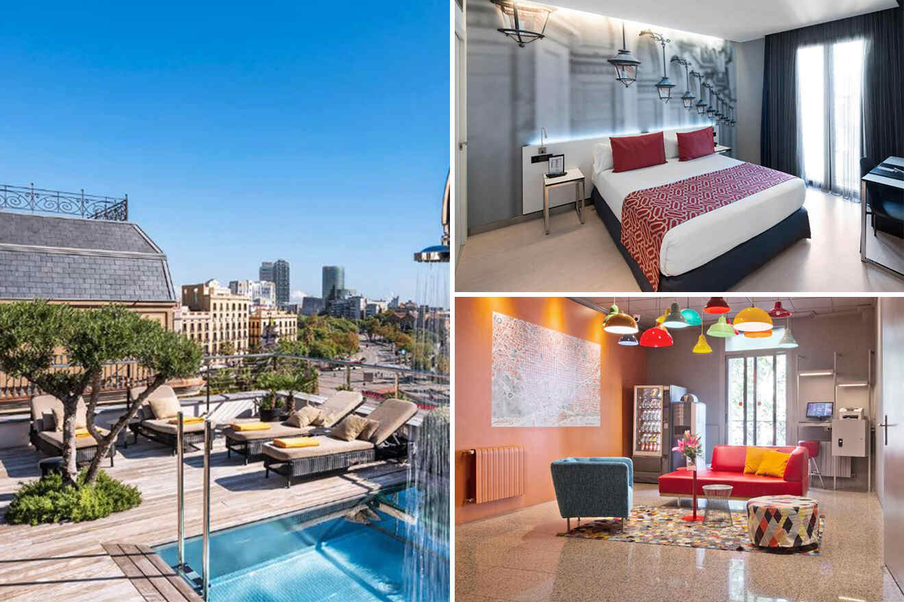 A collage features three images: a rooftop pool with city views, a modern bedroom with decorative lighting, and a colorful hotel lounge with vibrant furniture and wall art.