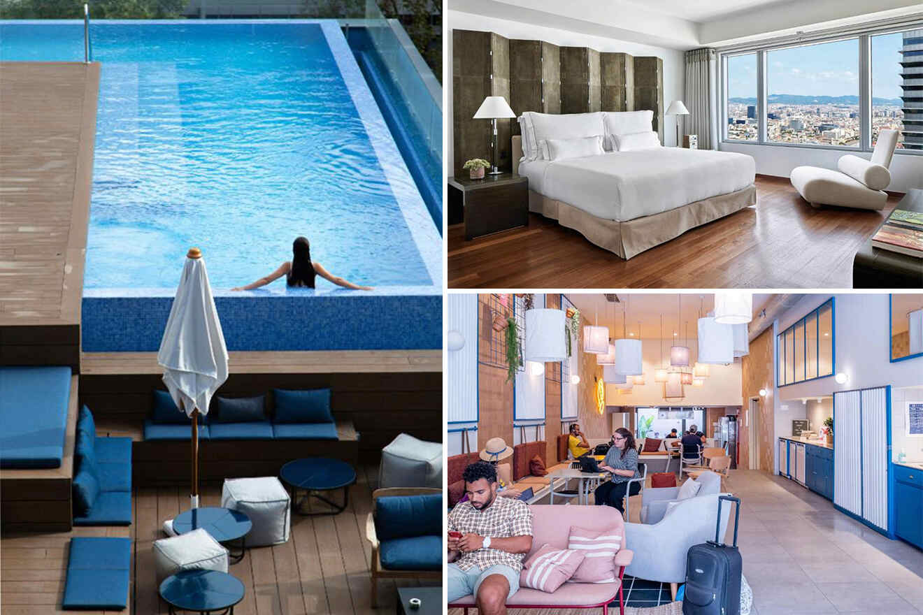 Collage showing a rooftop pool with one person swimming, a modern bedroom with a city view, an outdoor lounge area, and people in a trendy indoor lounge area.