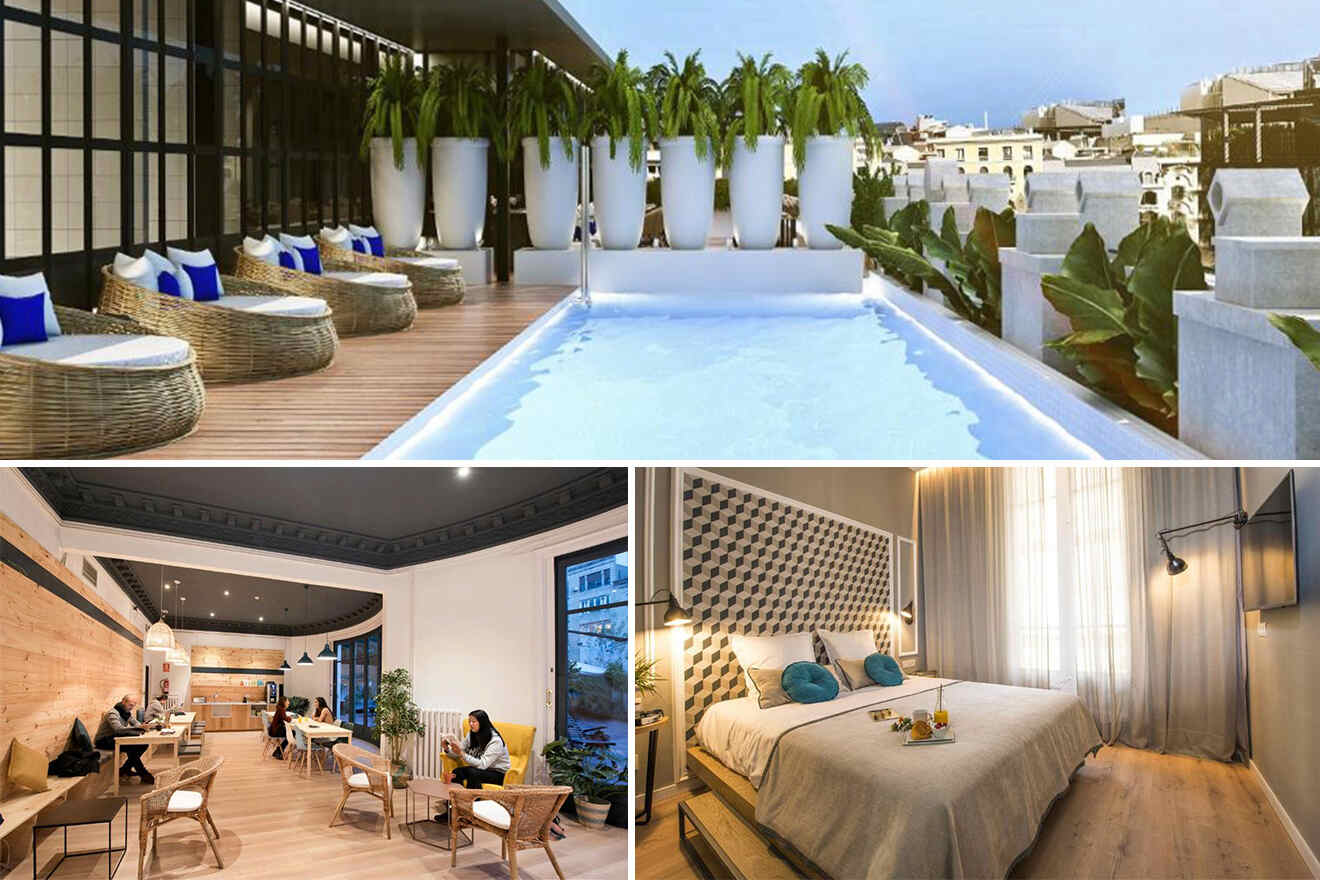 A collage showing a rooftop pool with lounge chairs, a modern dining area with wooden decor, and a cozy hotel room with a bed and seating area.