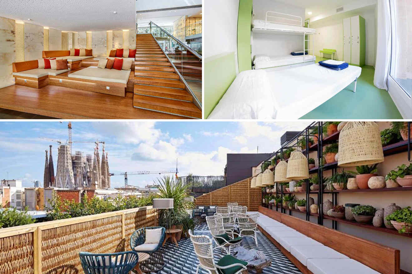 Collage showing a modern lobby, a bunk-bed dorm room, a cityscape with a famous basilica, and a rooftop terrace with seating and potted plants.