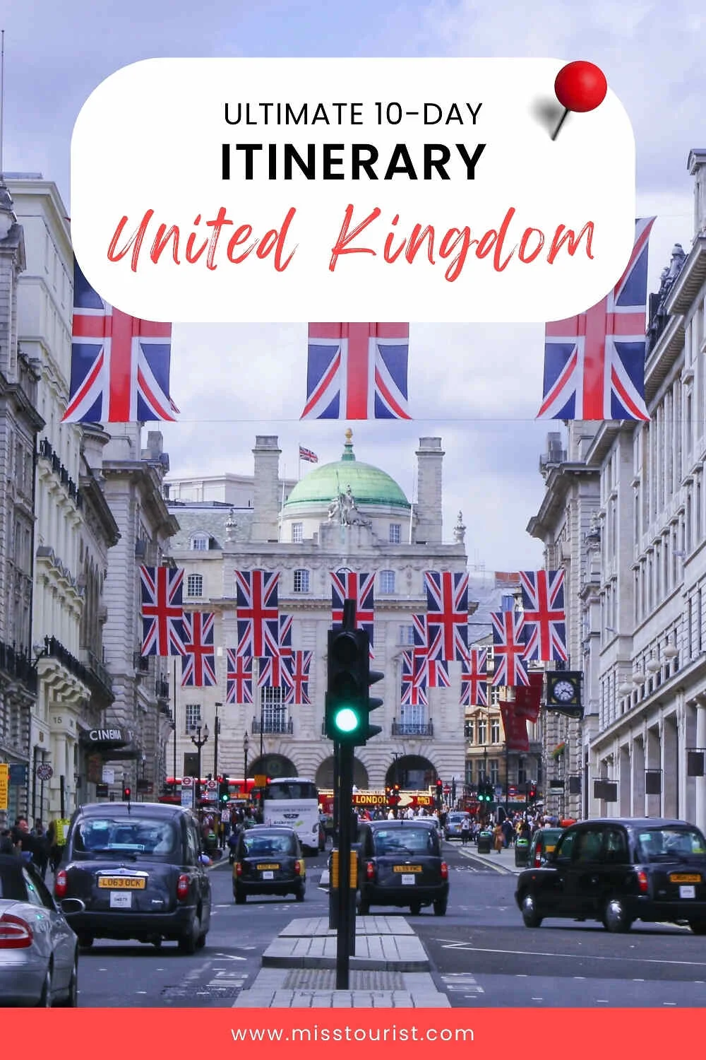 Street scene in the United Kingdom with British flags and a 