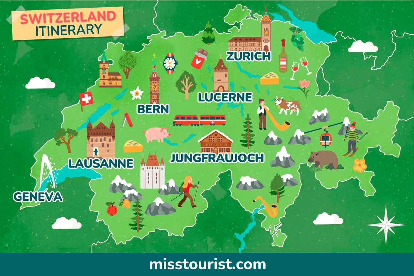 Map of Switzerland with key cities and landmarks illustrated, including Zurich, Lucerne, Bern, Jungfraujoch, Lausanne, and Geneva. Various icons depict local attractions and activities. Text: “Switzerland Itinerary”.