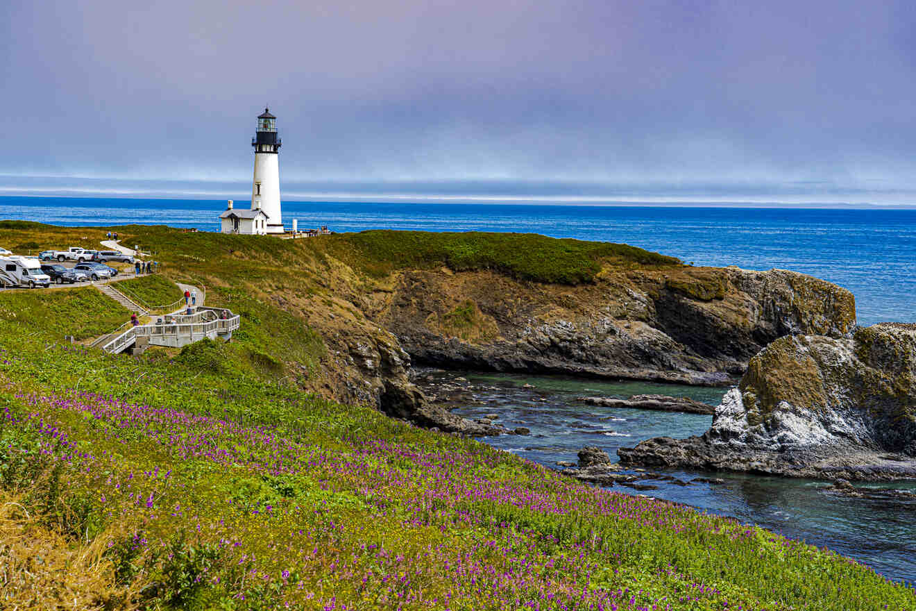 A lighthouse stands on a rocky cliff surrounded by green vegetation and wildflowers, overlooking the ocean. A small parking lot and stairs with visitors are visible in the foreground.