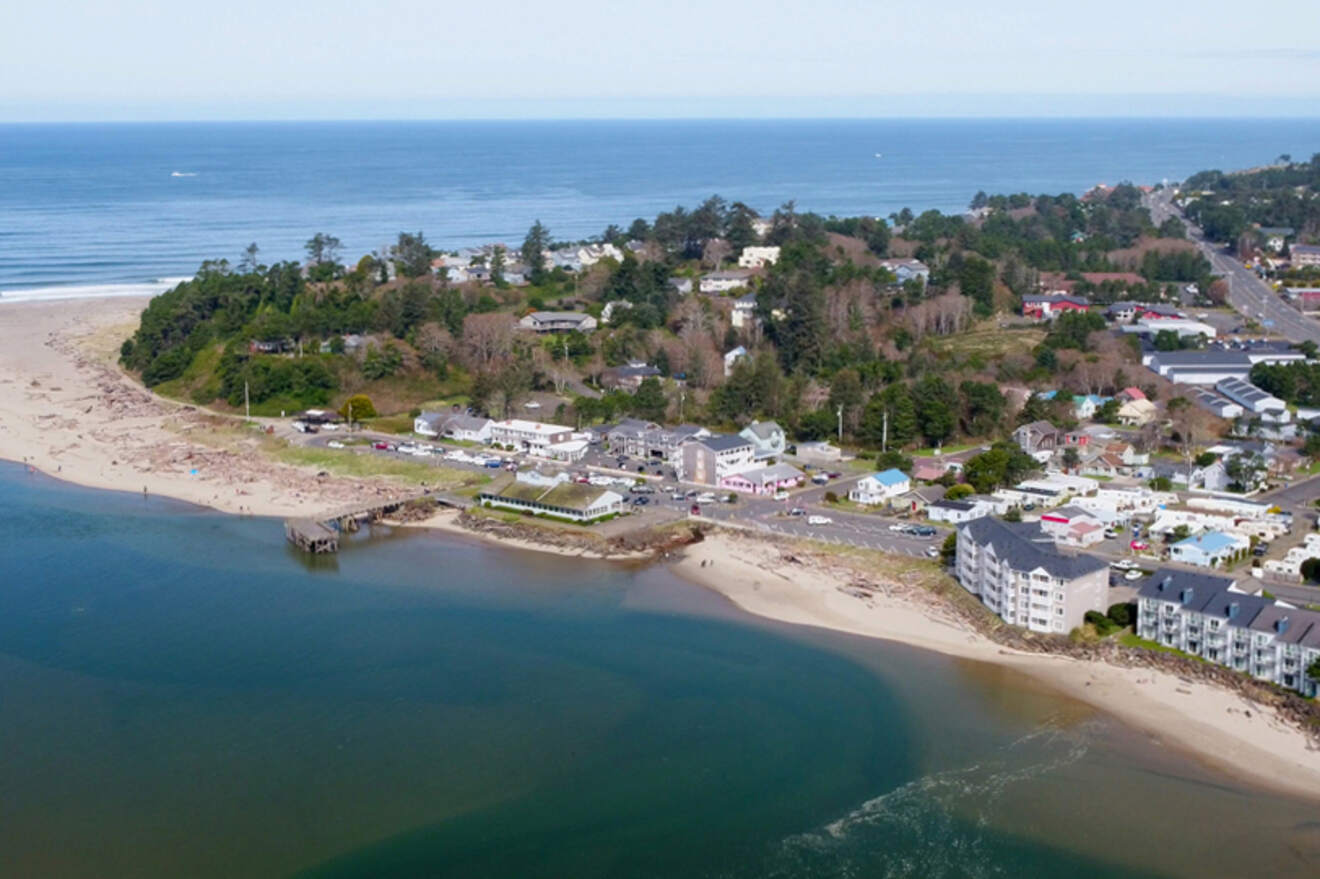 Aerial view of a coastal town with a sandy beach, residential buildings, and trees. The ocean and shoreline are visible, with a mix of nature and infrastructure.