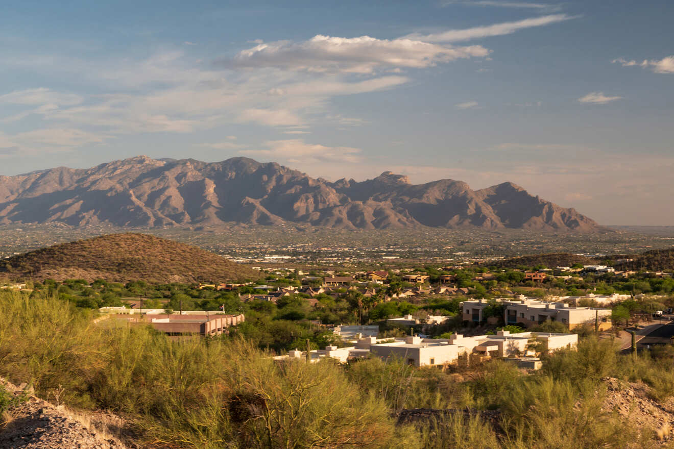 A suburban landscape with white houses scattered among greenery, set against the backdrop of a mountain range under a partly cloudy sky.