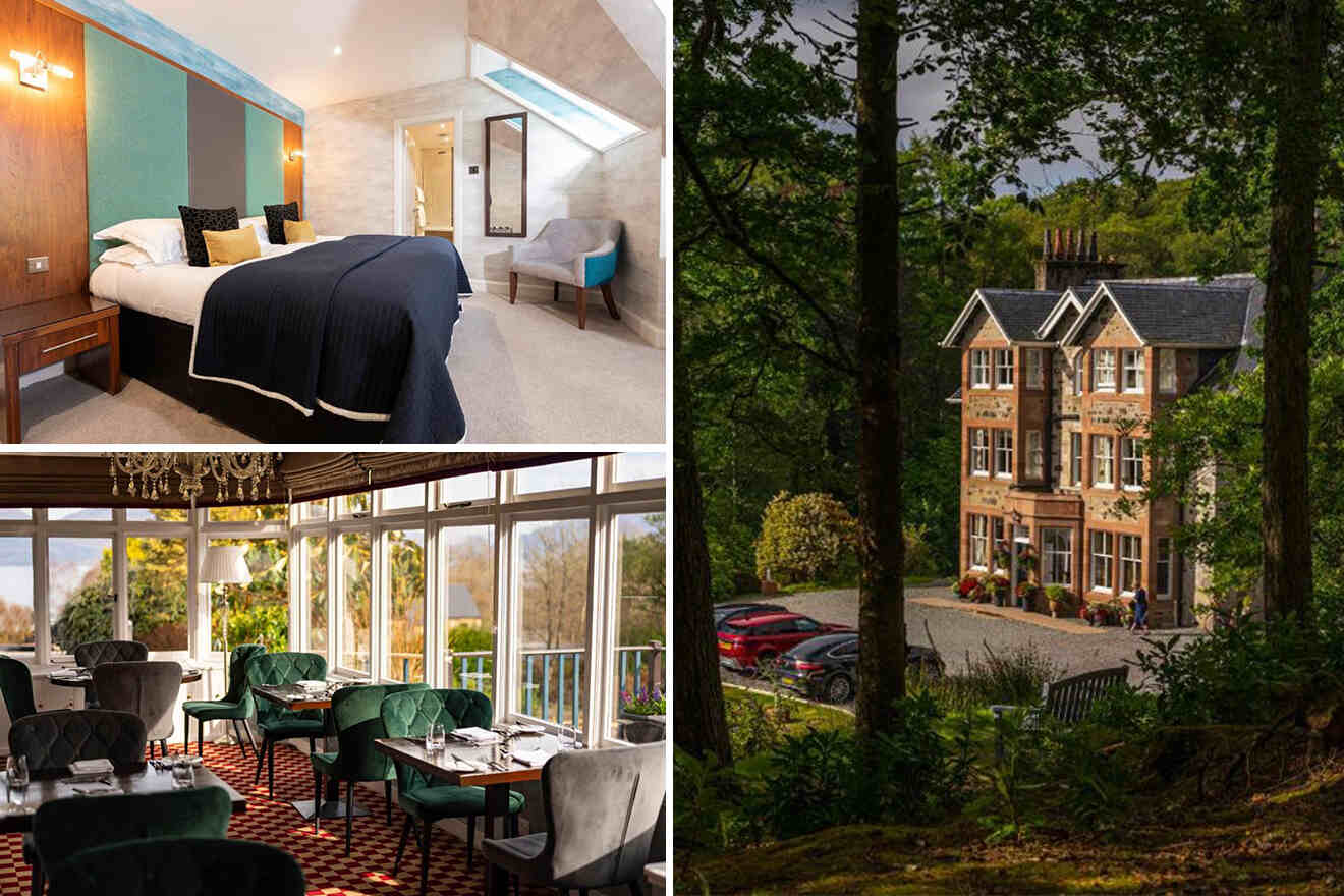 Left: Modern hotel room with a large bed and seating area. Bottom: Elegant dining area with green chairs and large windows. Right: Exterior of a multi-story brick hotel surrounded by trees.