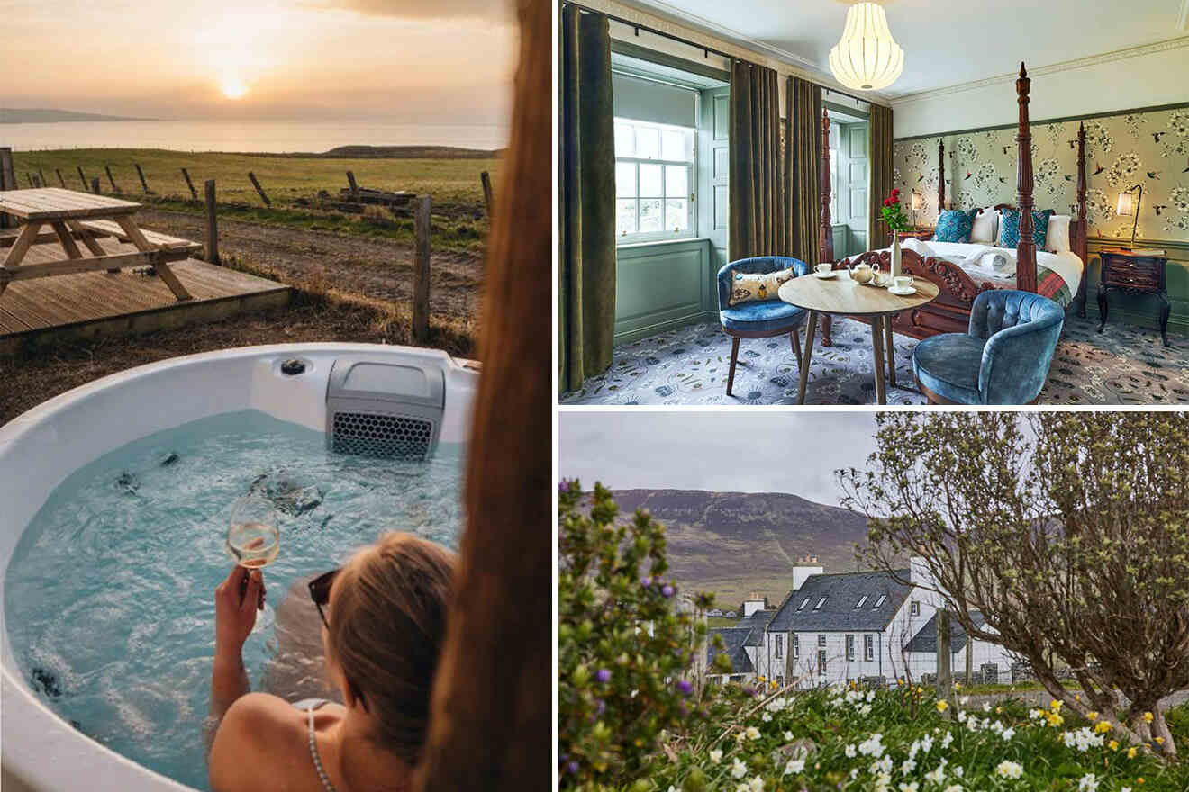 Collage of a person in a hot tub with a scenic view, a cozy hotel room with elegant decor, and an exterior of a country house surrounded by lush greenery.