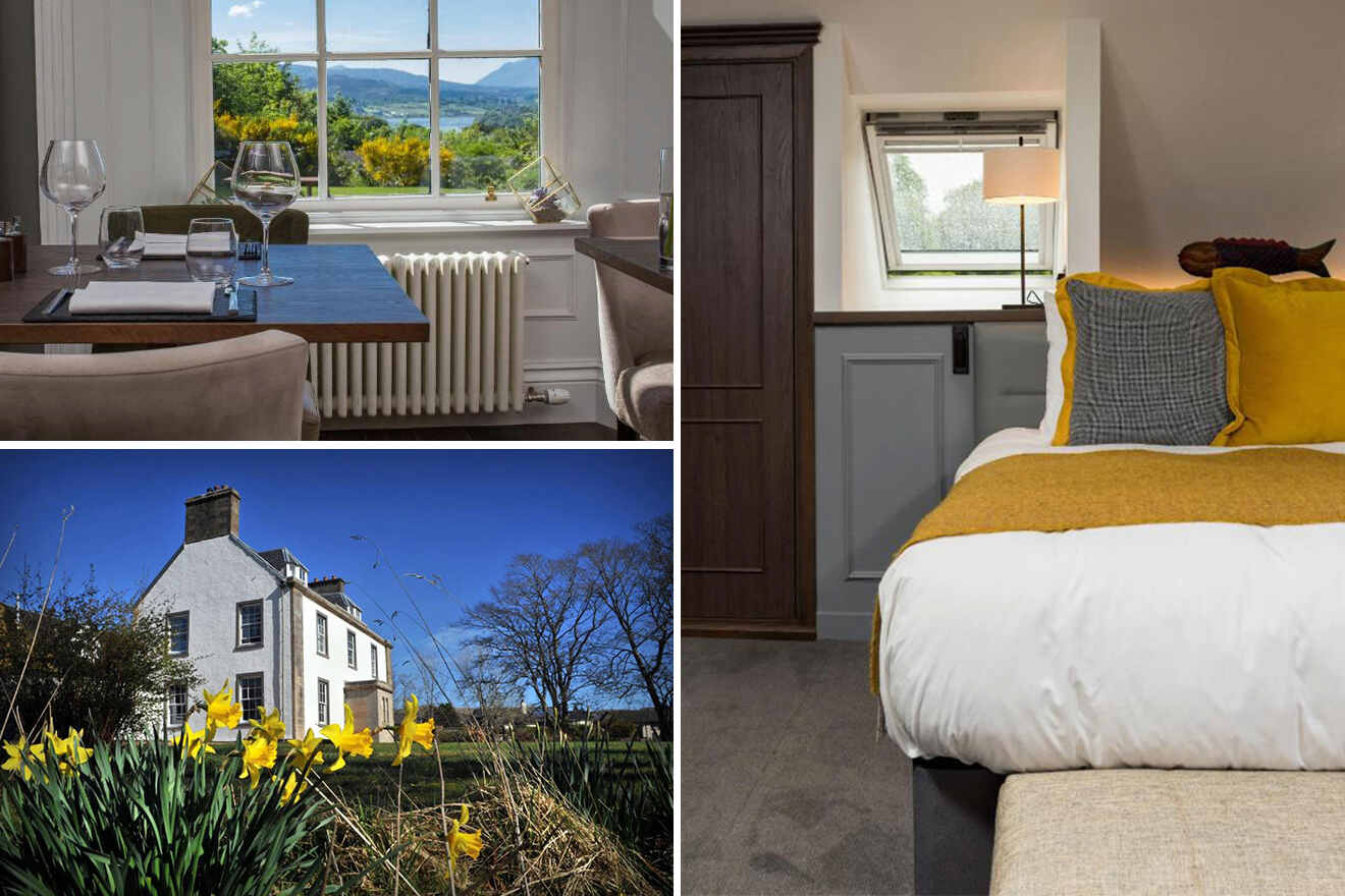 Collage of a cozy room with a bed, a dining area with a window view, and an exterior view of a house with daffodils in the foreground.