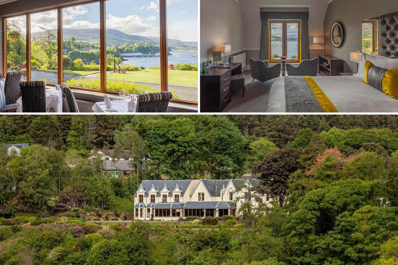 Collage of a scenic landscape view from a window, a hotel room with lake view, and an external view of a hotel surrounded by trees.