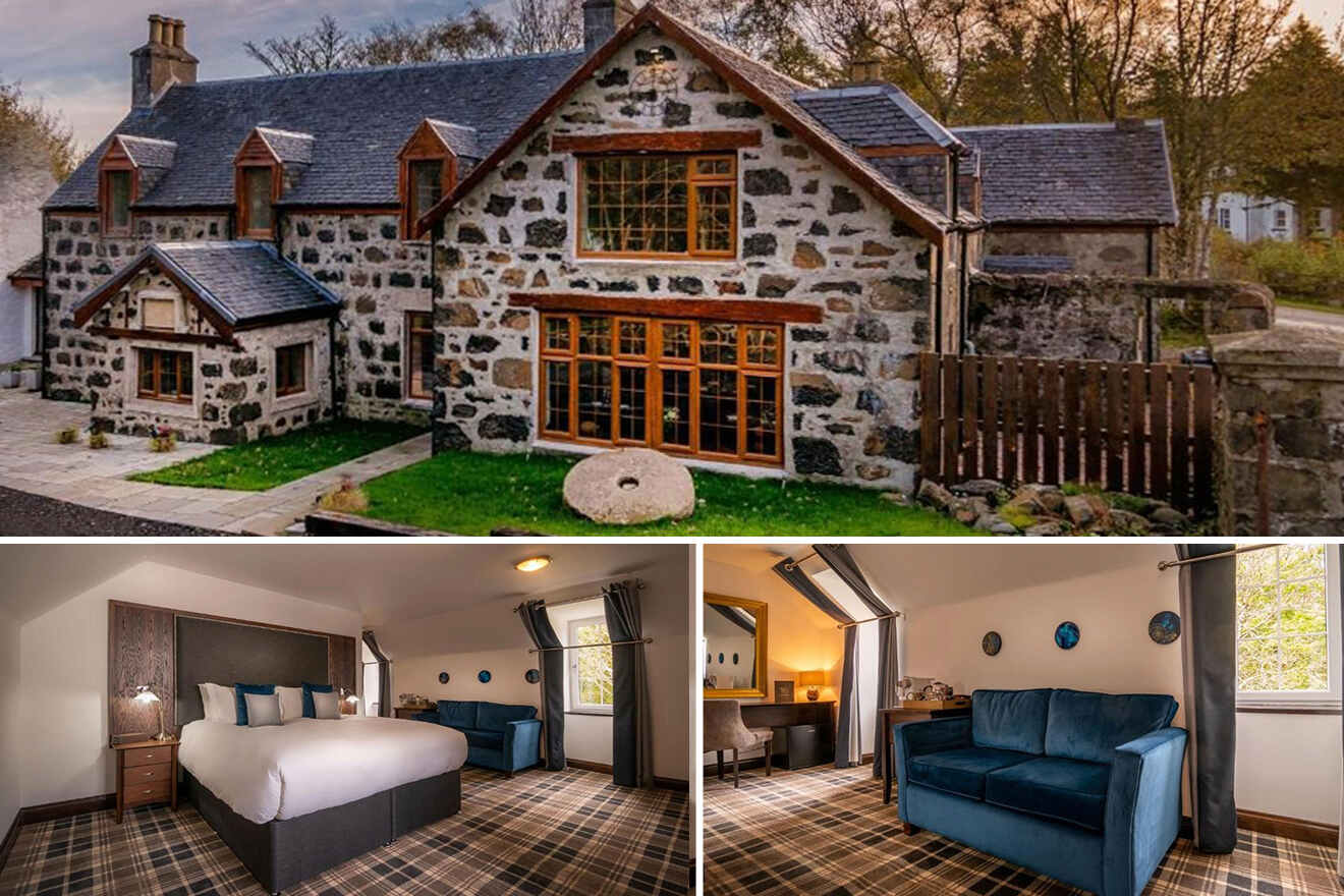 Stone house with wood accents and large windows; interior shows a bedroom with plaid carpet and seating area with blue sofa.