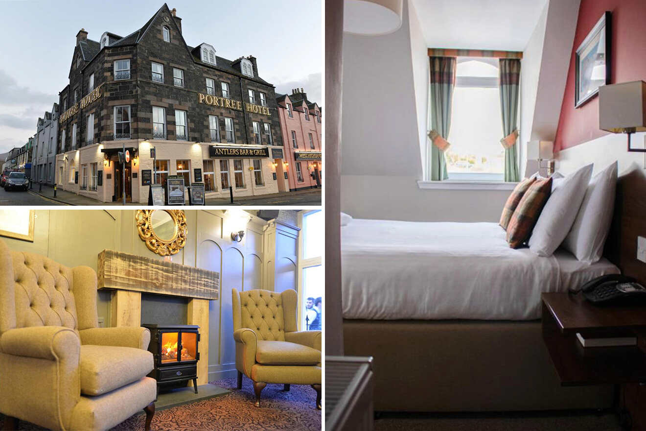 Collage of a hotel exterior, a cozy lounge with armchairs and fireplace, and a neatly arranged bedroom with a window view.