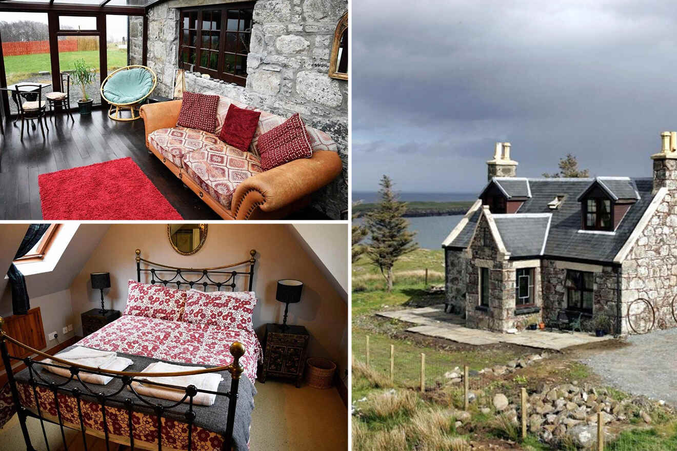 A cozy stone cottage exterior with a scenic view, featuring an inviting living room with a sofa and a bedroom with a bed, both adorned with patterned textiles and rustic decor.