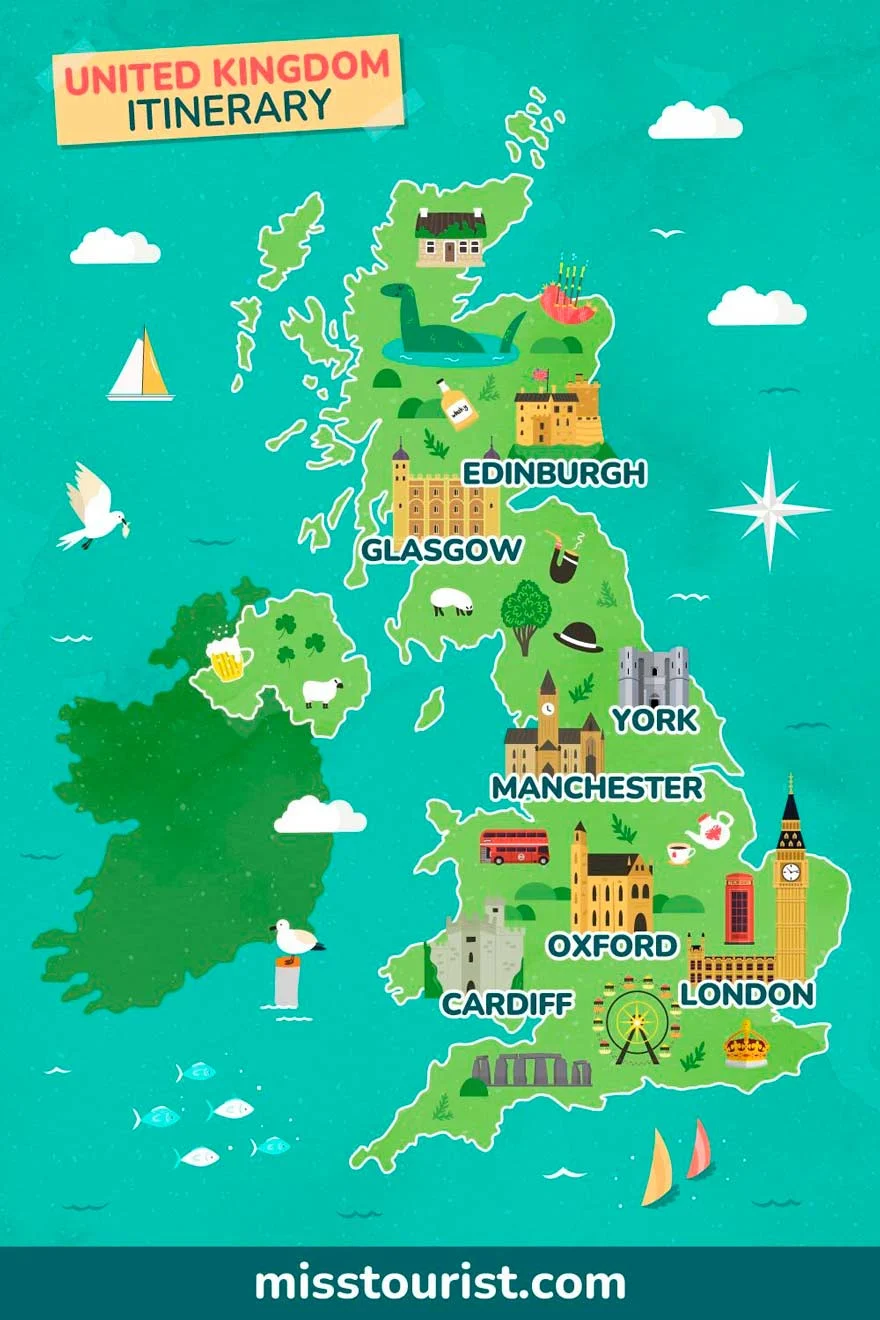 Illustrated map of the United Kingdom showing notable cities and landmarks such as London, Manchester, Edinburgh, and Oxford. The map includes icons for attractions, nature, and activities.